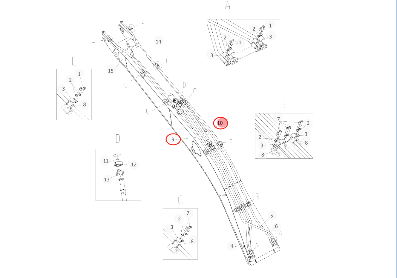 Sunward SWE150E installation diagram showing hydraulic hose 73050200A056 at Pipe No. 10
