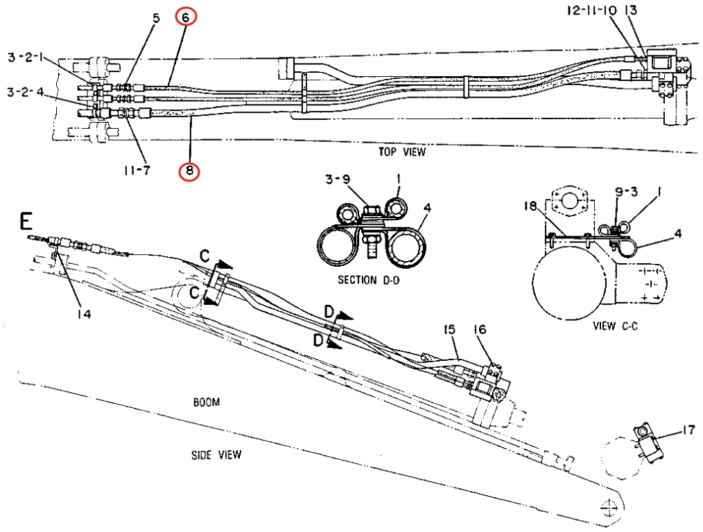 Caterpillar CAT®225D installation diagram showing hydraulic hose 6W-7648 at Pipe No. 8