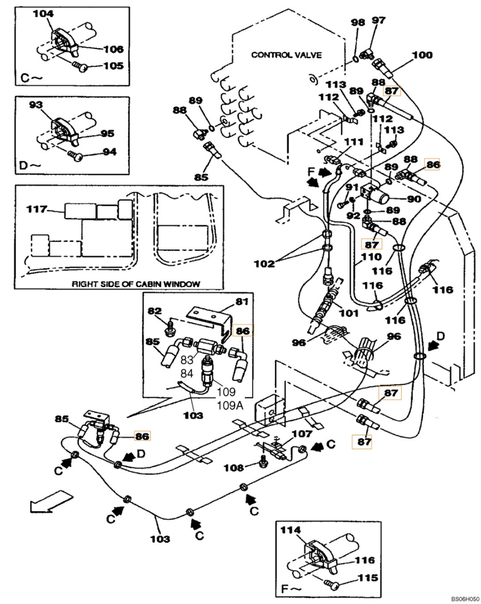 Case CX210N installation diagram showing hydraulic hose 159009A1 at Pipe No. 86