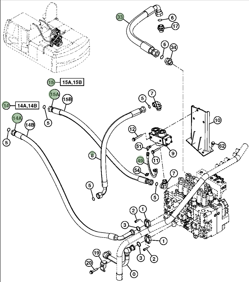Hitachi ZX200LC-3 installation diagram showing hydraulic hose 4308148 at Pipe No. 8