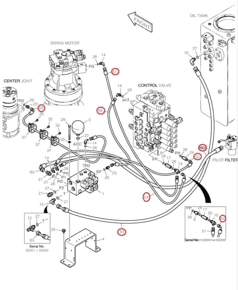Doosan DX160LC installation diagram showing hydraulic hose DS2093080 at Pipe No. 54