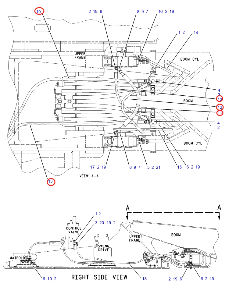 Caterpillar CAT®317B L installation diagram showing hydraulic hose 138-3408 at Pipe No. 10