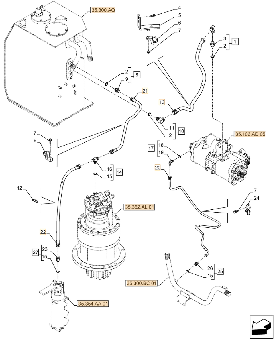 Case CX500D LC installation diagram showing hydraulic hose KTJ12080 at Pipe No. 22