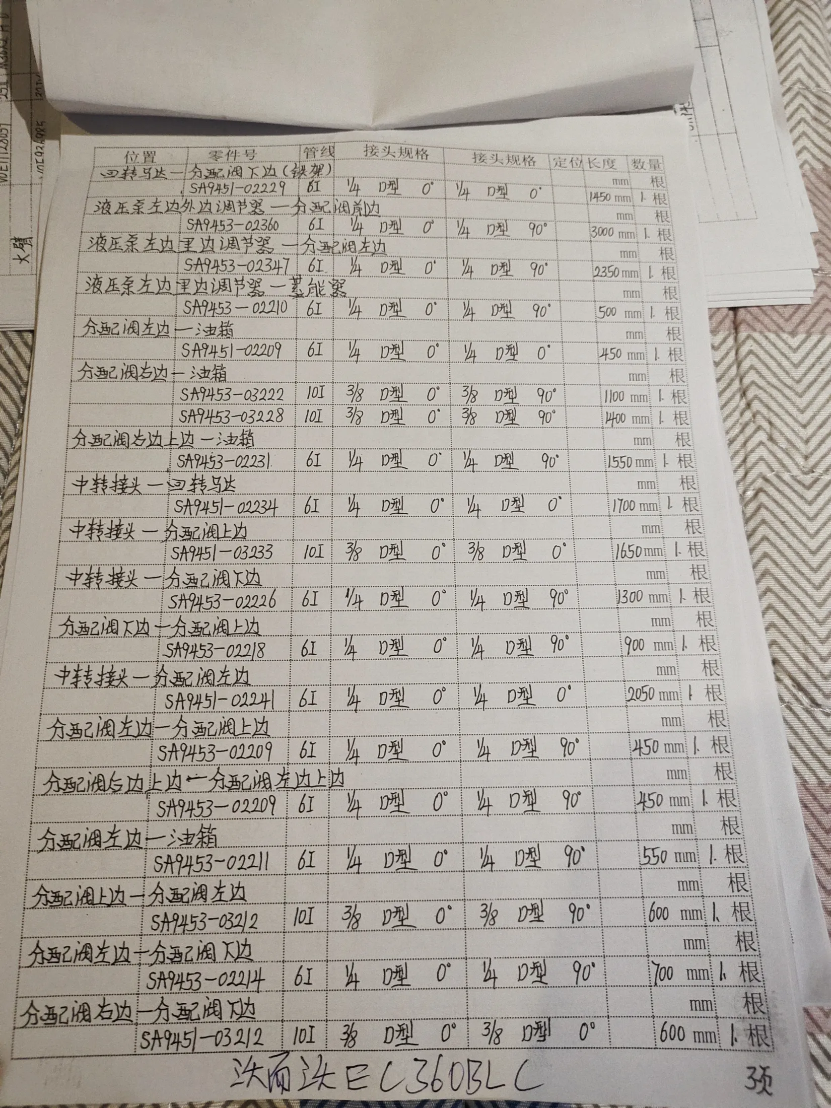 Volvo 85001--85181 hydraulic hose part numbers and recorded lengths — technician notebook page 3 of 5 — recorded hose parts SA945-02229, SA9451-02209, SA9451-02234