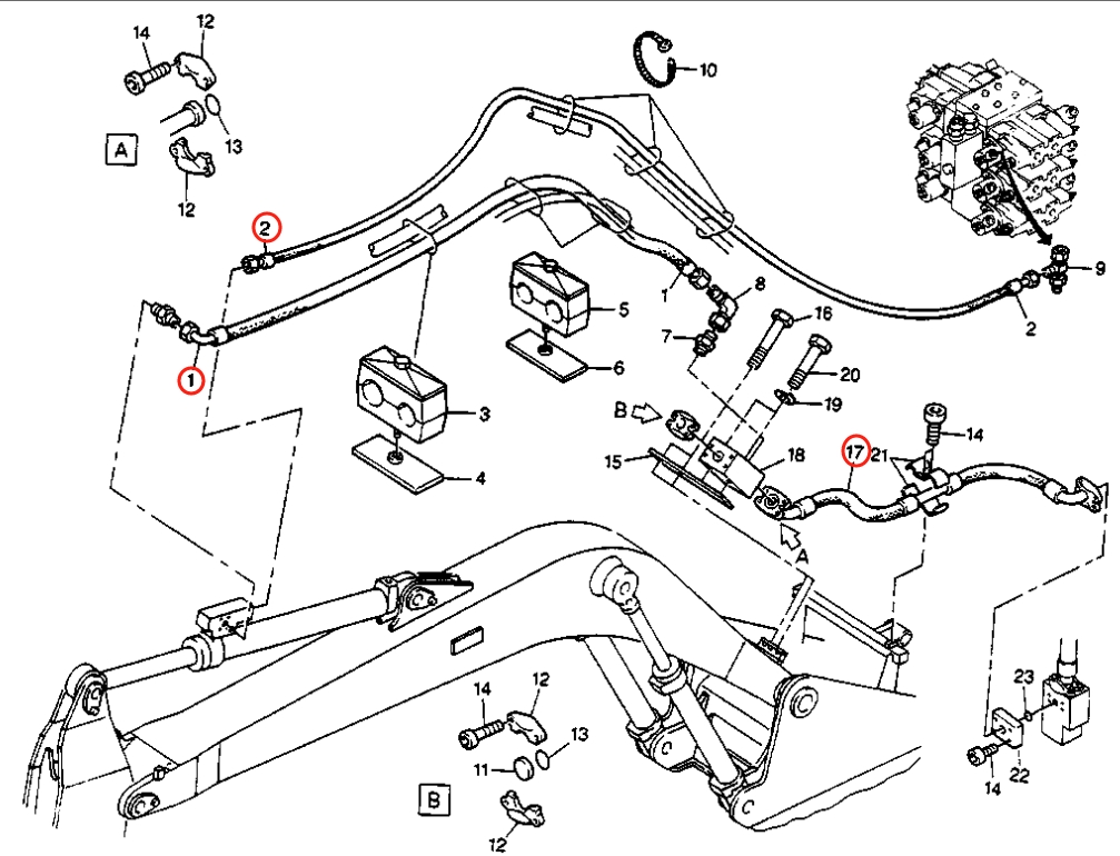 Caterpillar CAT®211B installation diagram showing hydraulic hose 8U-7521 at Pipe No. 17
