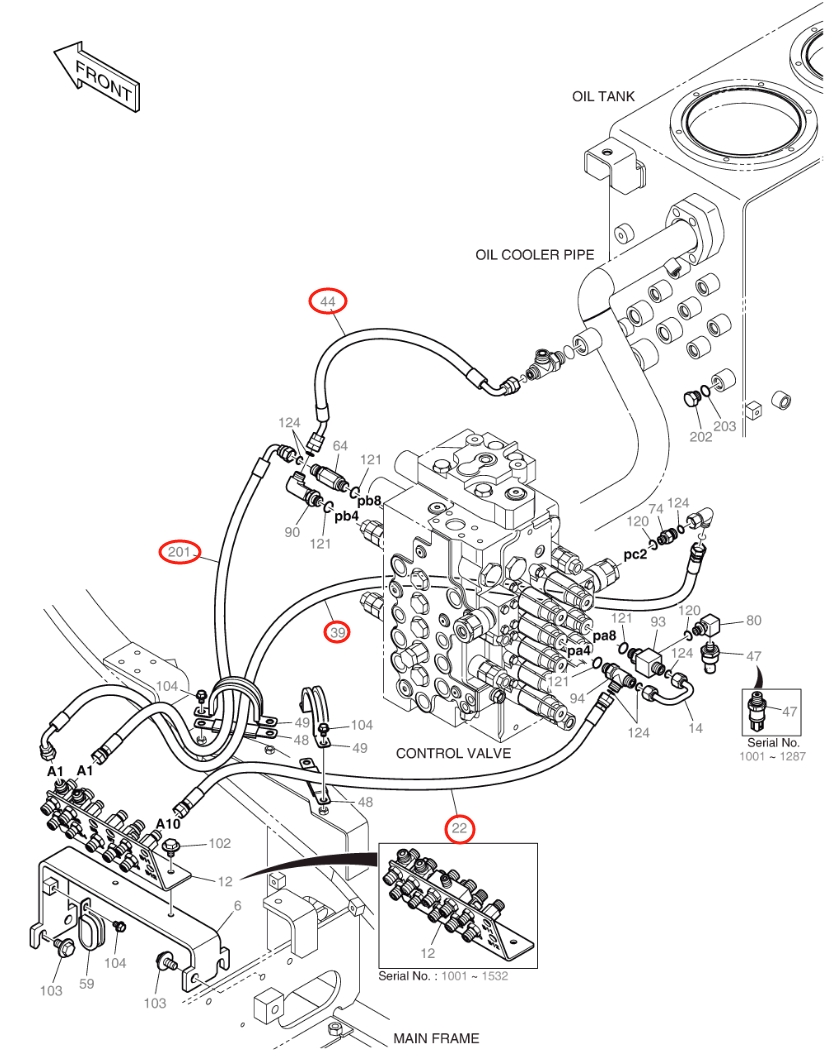 Doosan DX140W-5 installation diagram showing hydraulic hose DS2121219 at Pipe No. 39