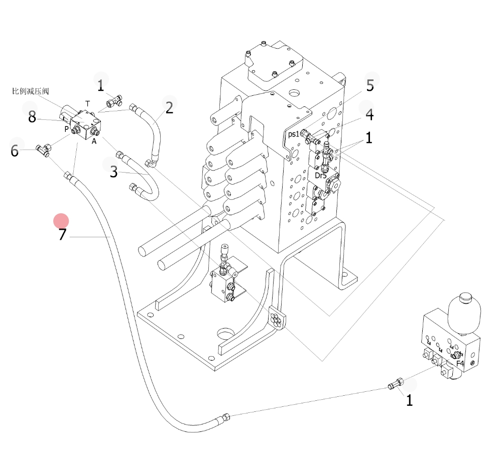 Sunward SWE215F-5 installation diagram showing hydraulic hose 730501000181 at Pipe No. 7