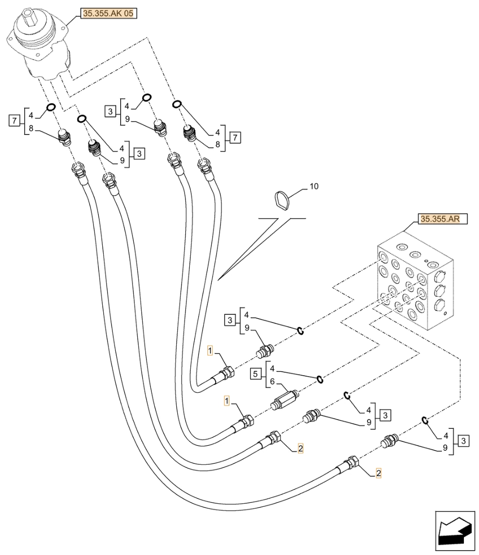 Case CX490D RTC installation diagram showing hydraulic hose 168025A1 at Pipe No. 1