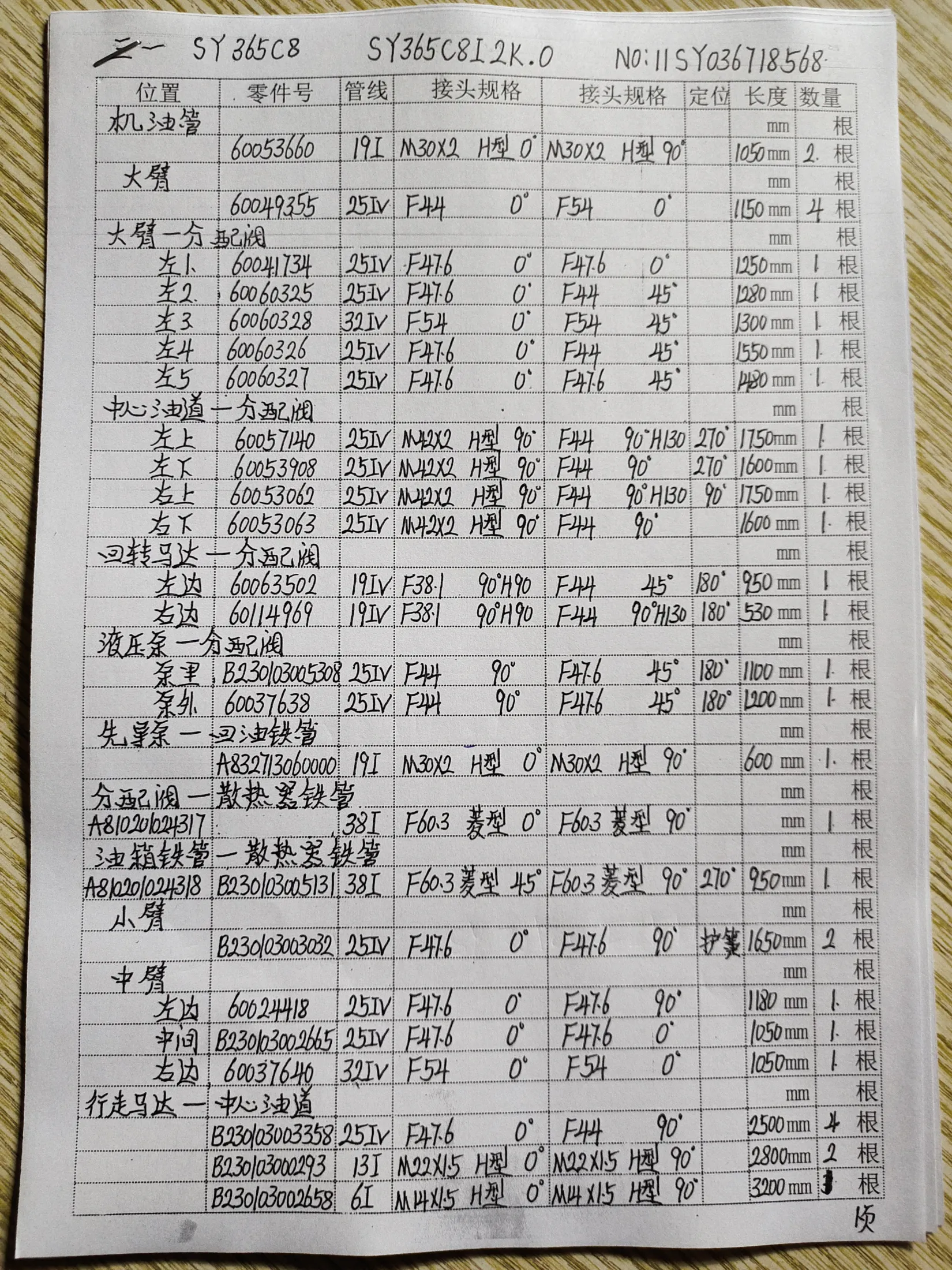 SANY SY365C8 hydraulic hose part numbers and recorded lengths — technician notebook page 1 of 5 — recorded hose parts B23003000293, B2300300335825IV, B2300300530825IV