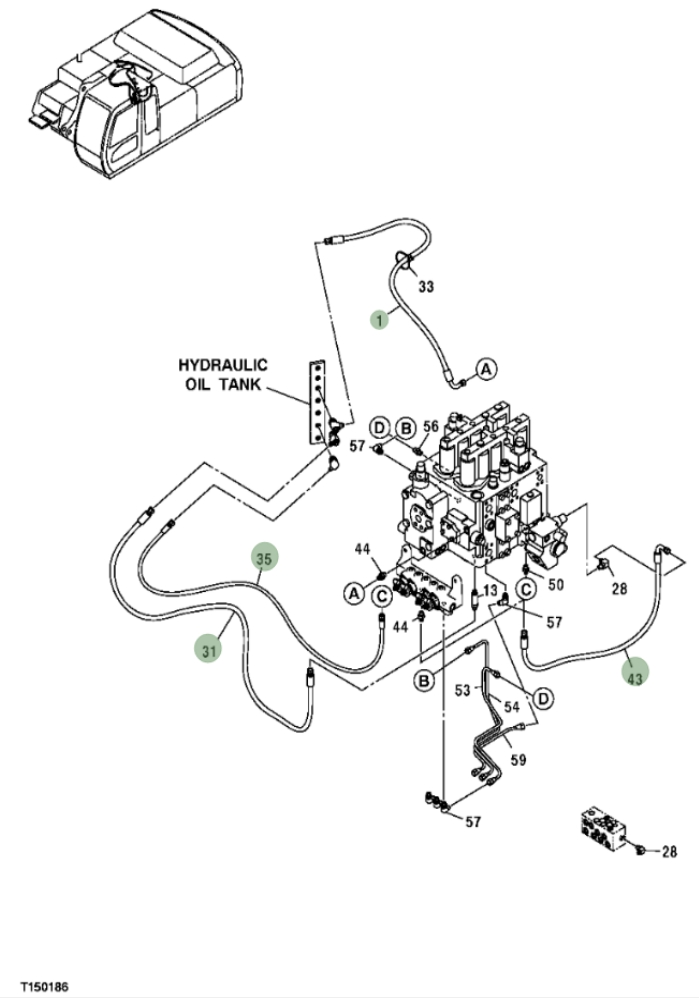 Hitachi ZX350F installation diagram showing hydraulic hose 4437741 at Pipe No. 43