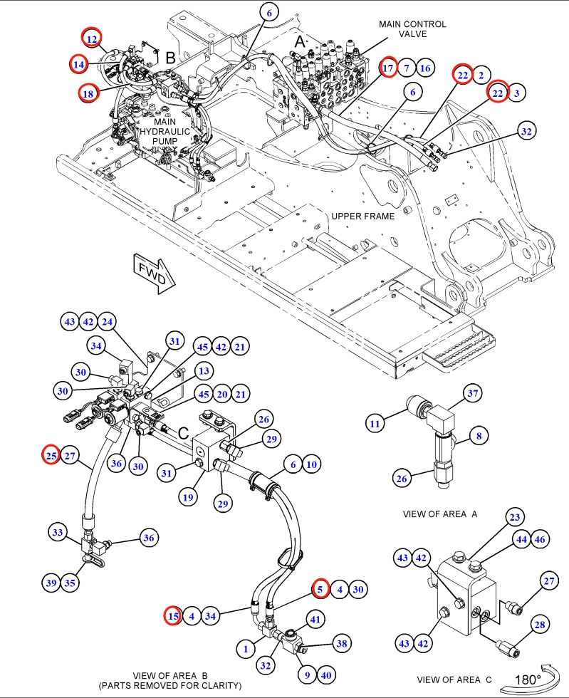 Caterpillar CAT®316E L installation diagram showing hydraulic hose 5I-8708 at Pipe No. 5