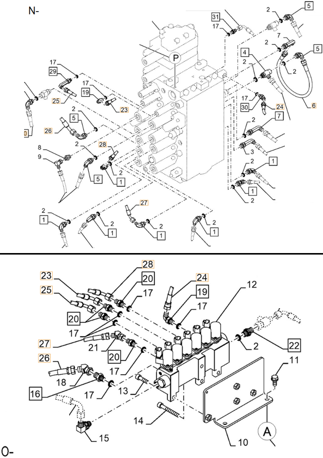Case CX290D LC MH installation diagram showing hydraulic hose KHJ2181 at Pipe No. N23-O23