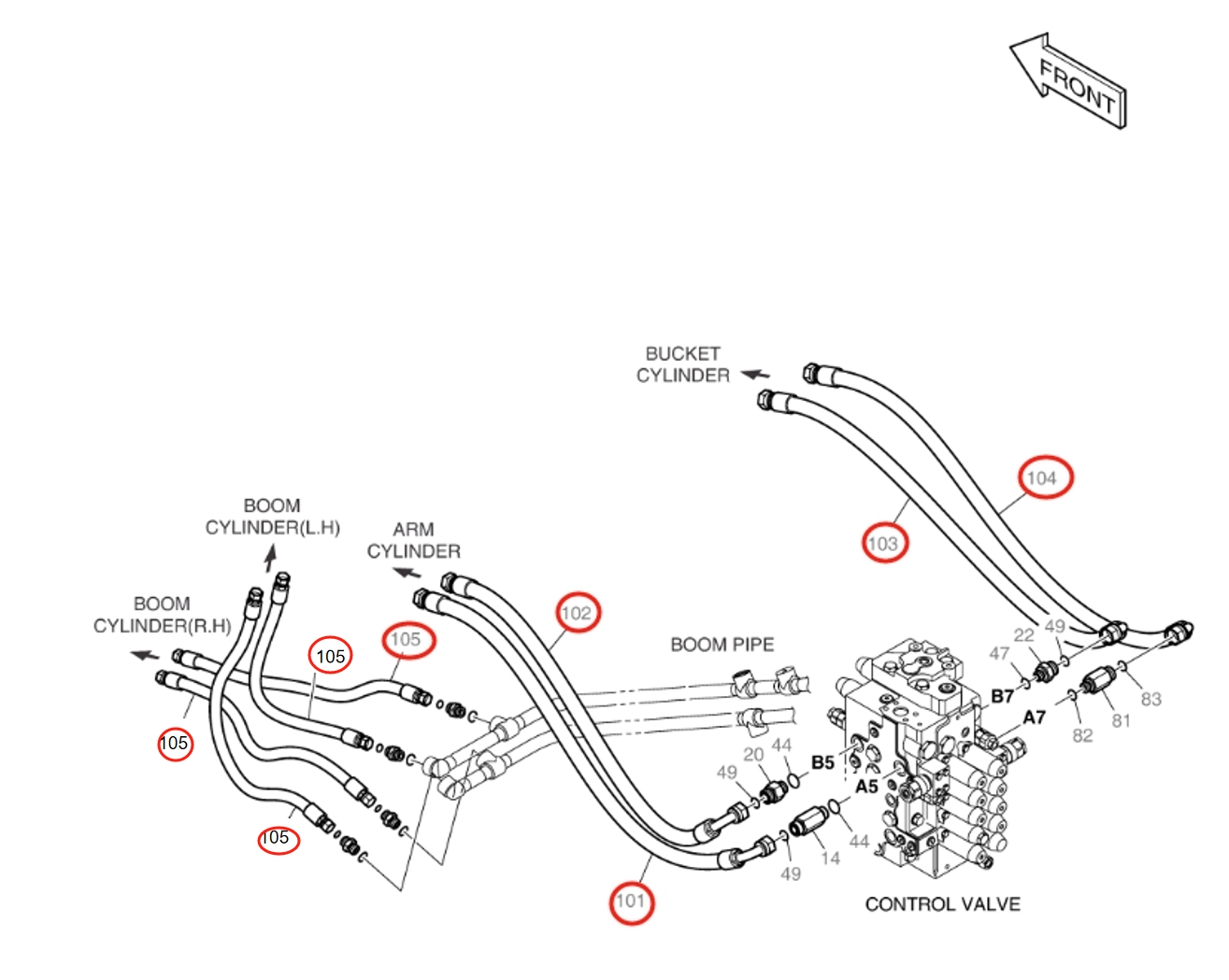 Doosan DX160LC-3 installation diagram showing hydraulic hose DS20111208 at Pipe No. 105