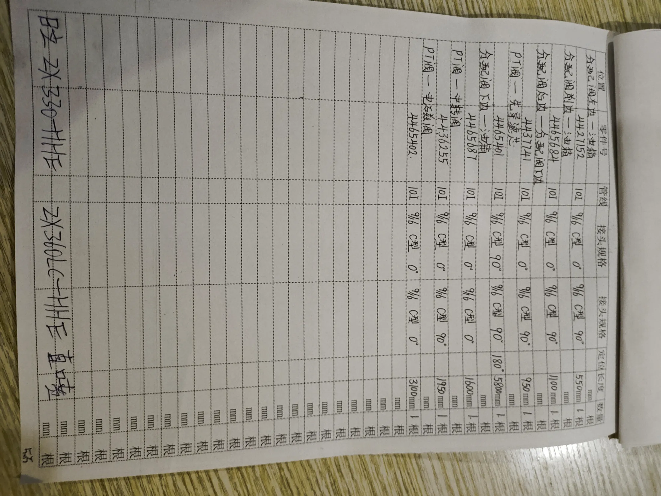 Hitachi ZX360LC-HHE hydraulic hose part numbers and recorded lengths — technician notebook page 1 of 1