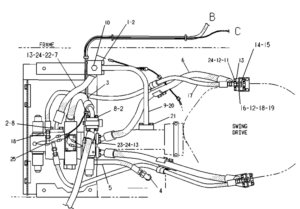 Caterpillar CAT®225B installation diagram showing hydraulic hose 9N-5613 at Pipe No. 5