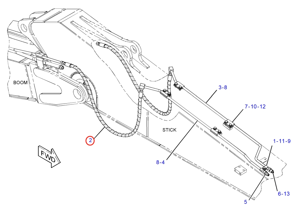 Caterpillar CAT®316E L installation diagram showing hydraulic hose 210-9966 at Pipe No. 2