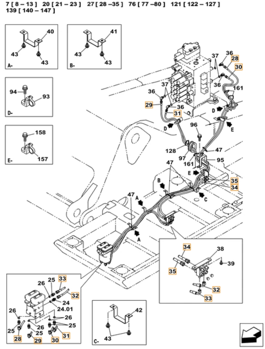 Case CX380C LC installation diagram showing hydraulic hose KHJ18020 at Pipe No. 30