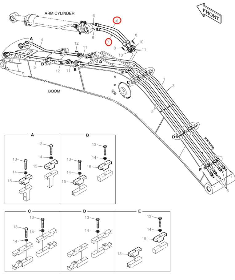 Doosan DX140LC-3 installation diagram showing hydraulic hose DS2016251 at Pipe No. 16