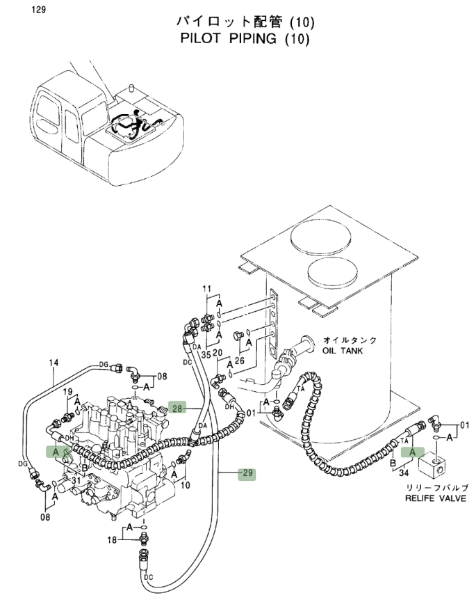 Hitachi EX120-5 installation diagram showing hydraulic hose 4354468 at Pipe No. 31A