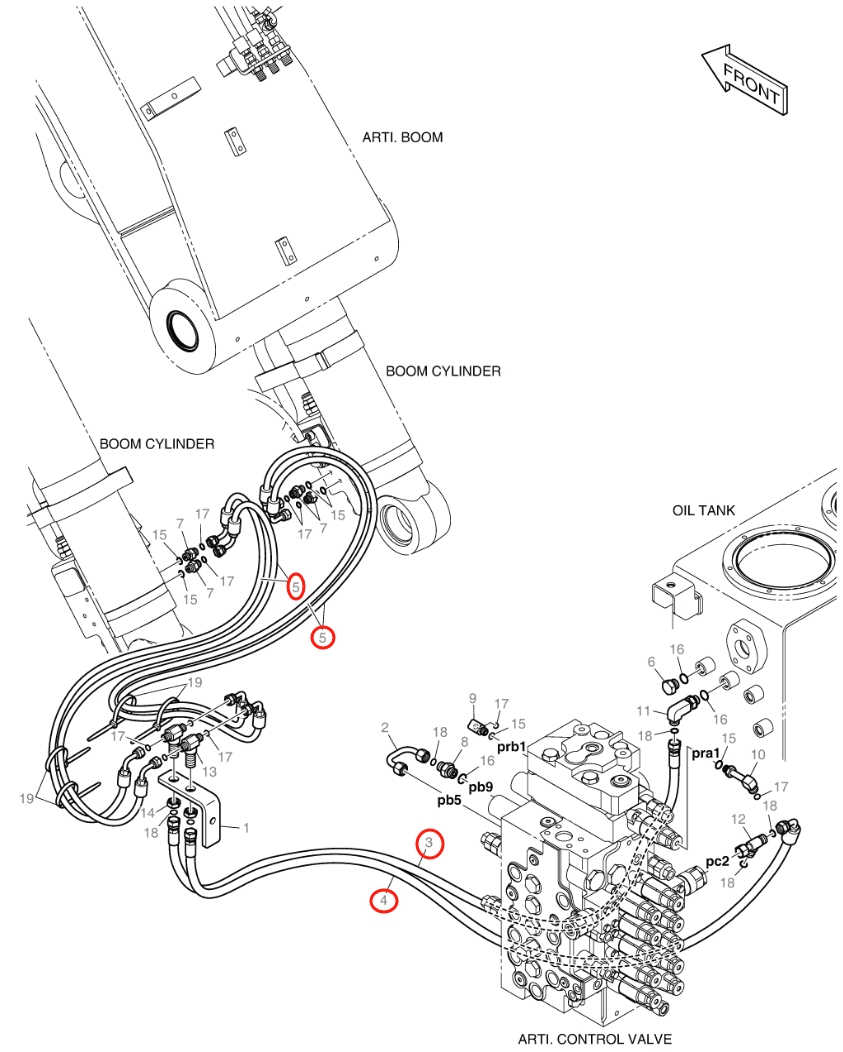 Doosan DX140W-5 installation diagram showing hydraulic hose DS2121251 at Pipe No. 4