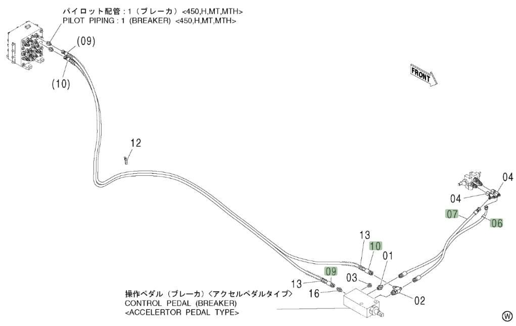 Hitachi ZX450LC installation diagram showing hydraulic hose 4379172 at Pipe No. 7