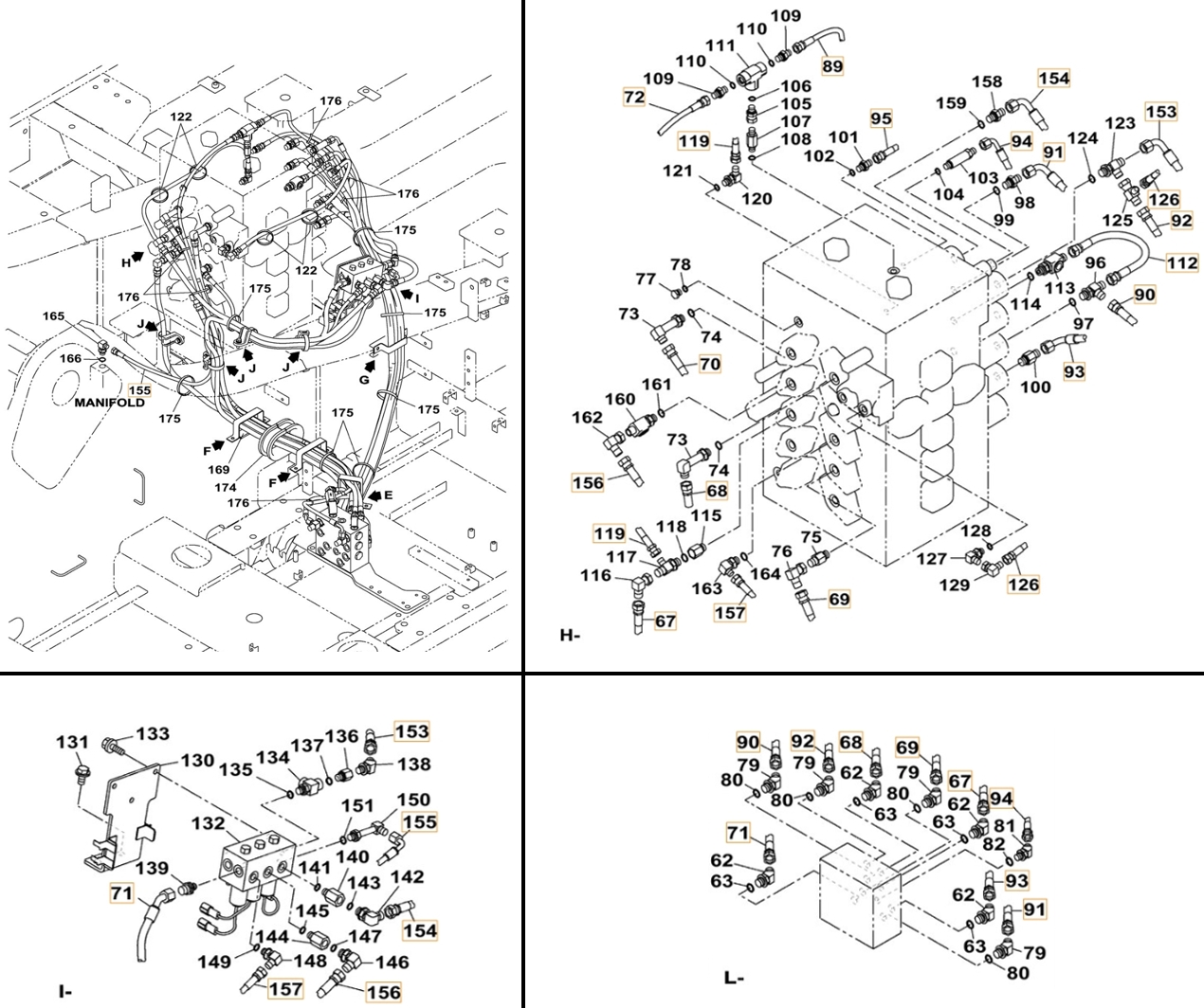 Case CX490C-8 LC installation diagram showing hydraulic hose 152581A1 at Pipe No. 95