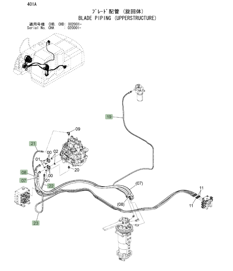 Hitachi ZX190W-3 installation diagram showing hydraulic hose 4440364 at Pipe No. 21A