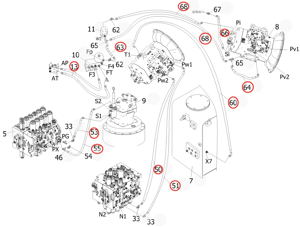 Sunward SWE205E-3H installation diagram showing hydraulic hose 730502000355 at Pipe No. 55