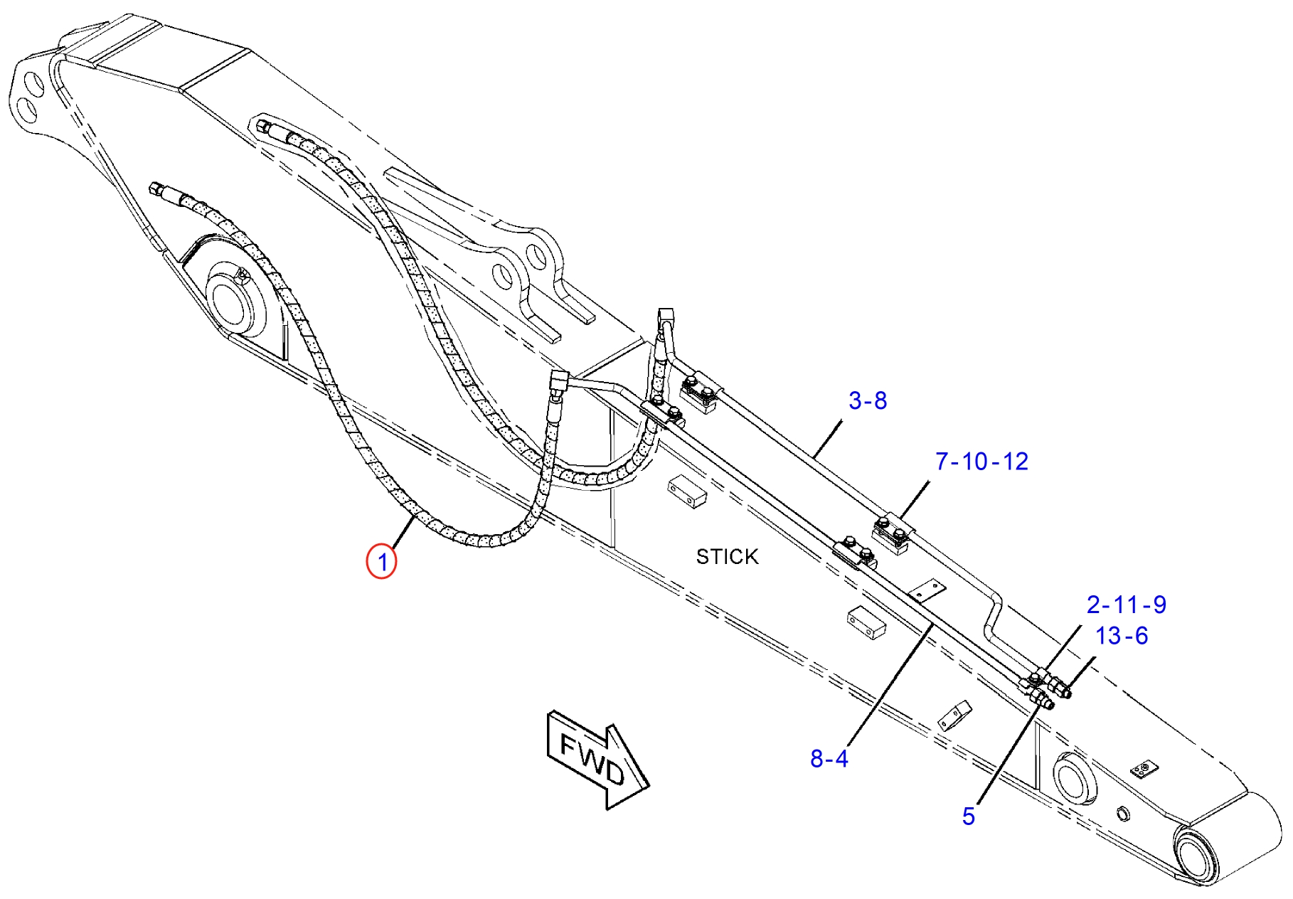 Caterpillar CAT®312D2 GC installation diagram showing hydraulic hose 177-8506 at Pipe No. 1