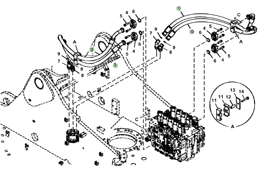 Hitachi ZX470-5A installation diagram showing hydraulic hose 4651807 at Pipe No. 0