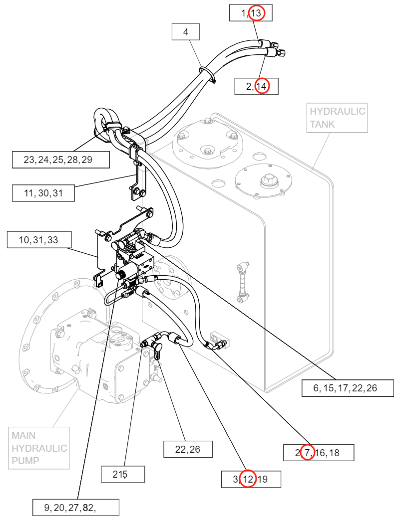 Caterpillar CAT®313F LGC installation diagram showing hydraulic hose 485-1649 at Pipe No. 13