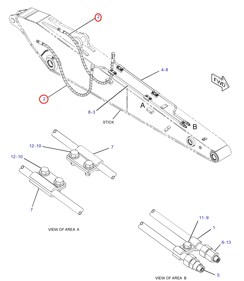 Caterpillar CAT®315F LCR installation diagram showing hydraulic hose 277-1251 at Pipe No. 2