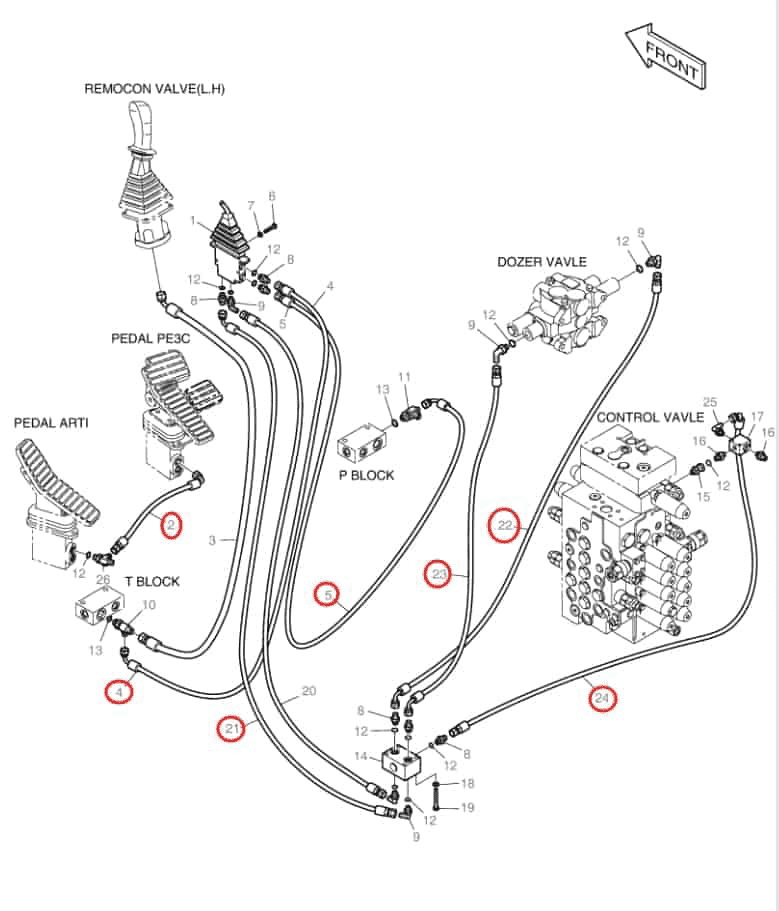 Doosan DX140LC installation diagram showing hydraulic hose DS2093117 at Pipe No. 23