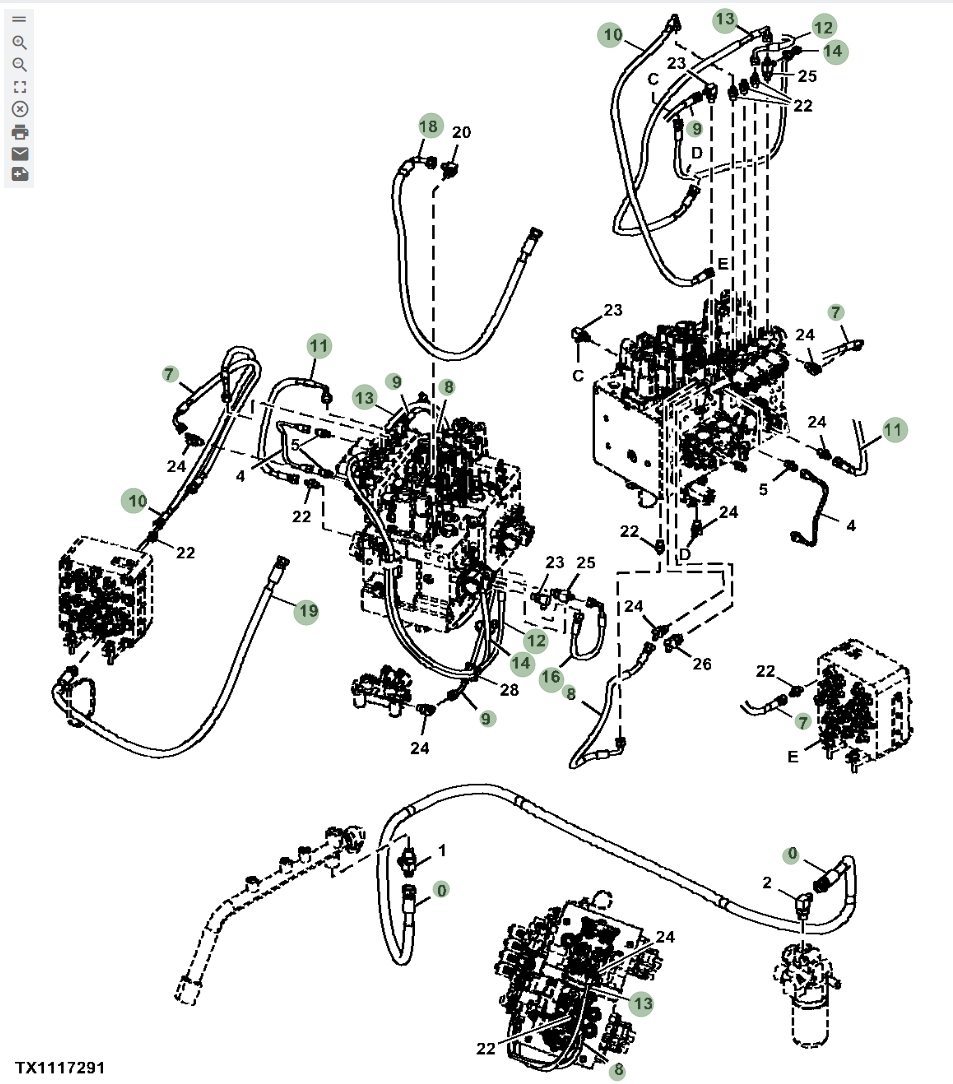 Hitachi ZX135US-5N installation diagram showing hydraulic hose 4701871 at Pipe No. 19