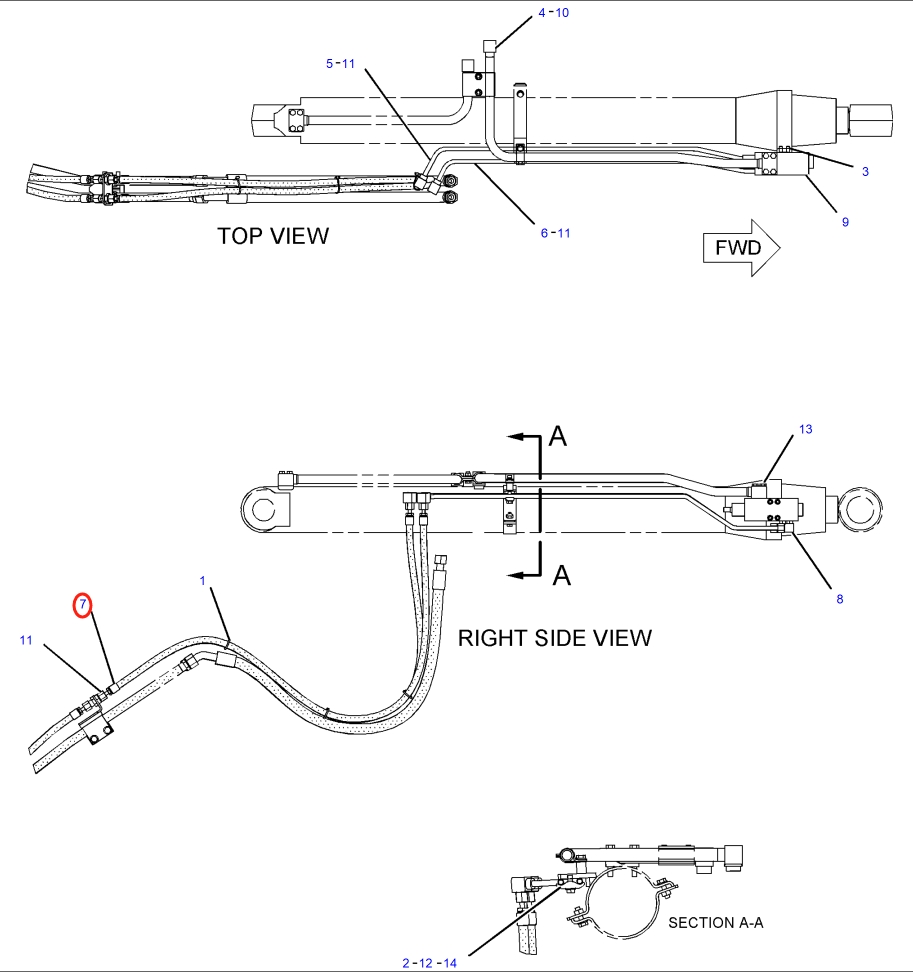 Caterpillar CAT®317B L installation diagram showing hydraulic hose 207-2626 at Pipe No. 7