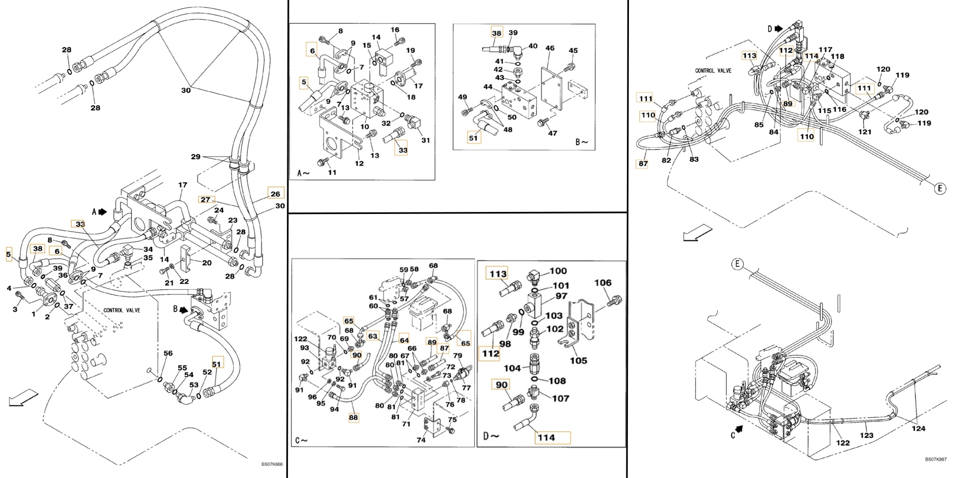 Case CX225SR installation diagram showing hydraulic hose KHJ2309 at Pipe No. 114