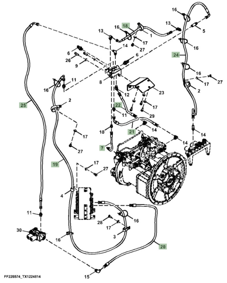 Hitachi ZX310F-LL-6N installation diagram showing hydraulic hose FF528607 at Pipe No. 21