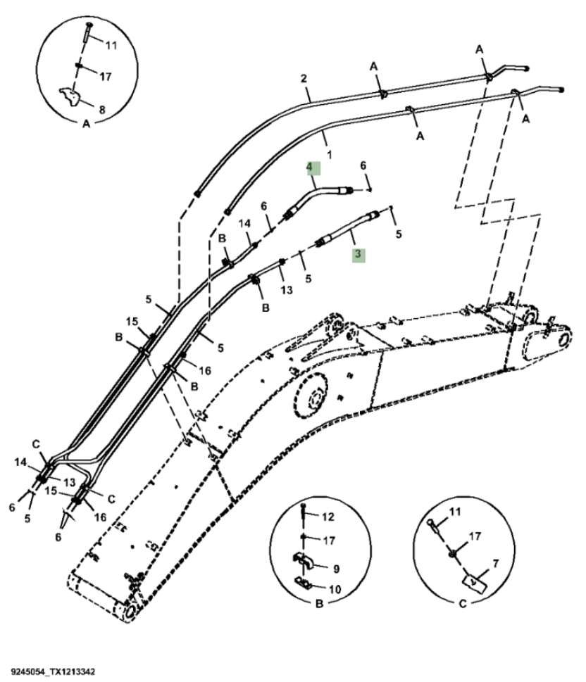 Hitachi ZX370F-FE-6N installation diagram showing hydraulic hose 4628957 at Pipe No. 3