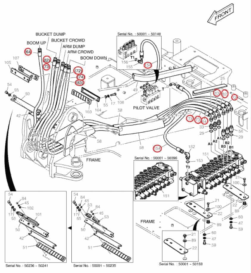 Doosan DX80R installation diagram showing hydraulic hose 2184-1026D407 at Pipe No. 154