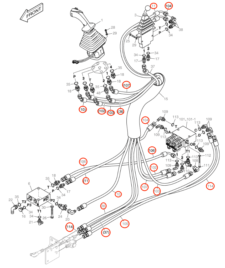 Doosan DX57W-5 installation diagram showing hydraulic hose DS2092054 at Pipe No. 103
