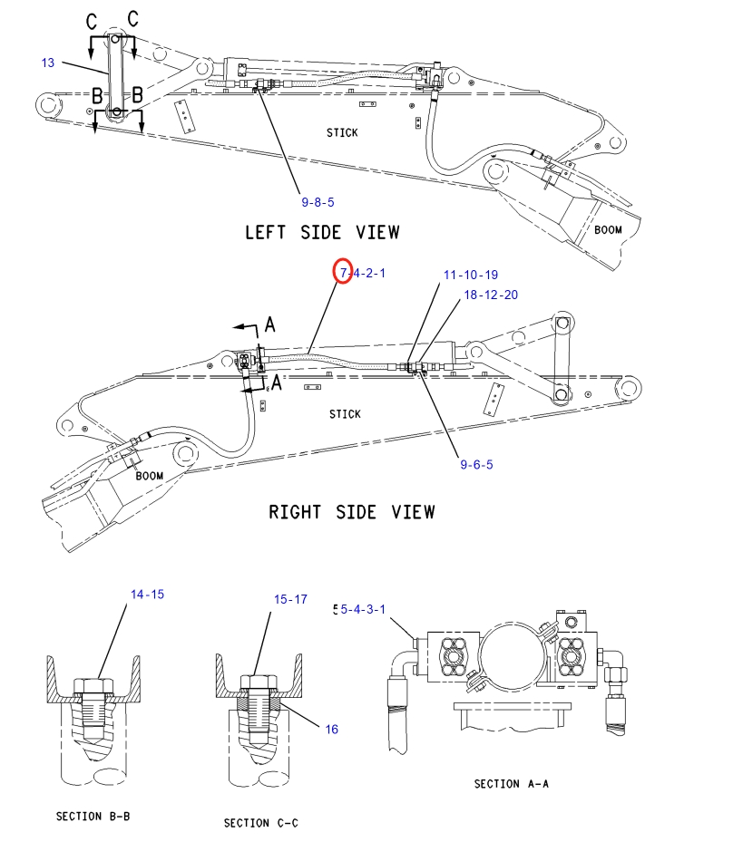 Caterpillar CAT®317B LN installation diagram showing hydraulic hose 4E-5786 at Pipe No. 7