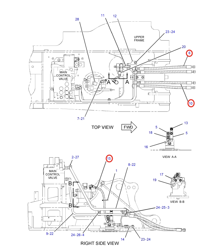 Caterpillar CAT®313D installation diagram showing hydraulic hose 123-2636 at Pipe No. 6
