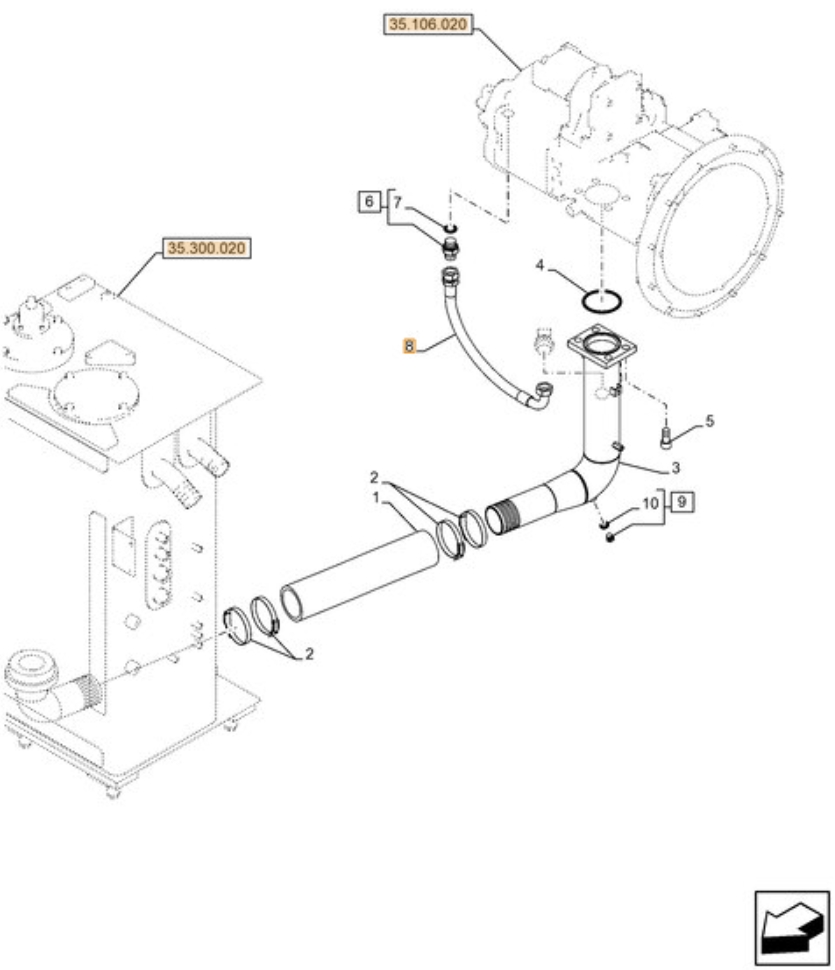 Case CX380D LC installation diagram showing hydraulic hose KRJ11180 at Pipe No. 8