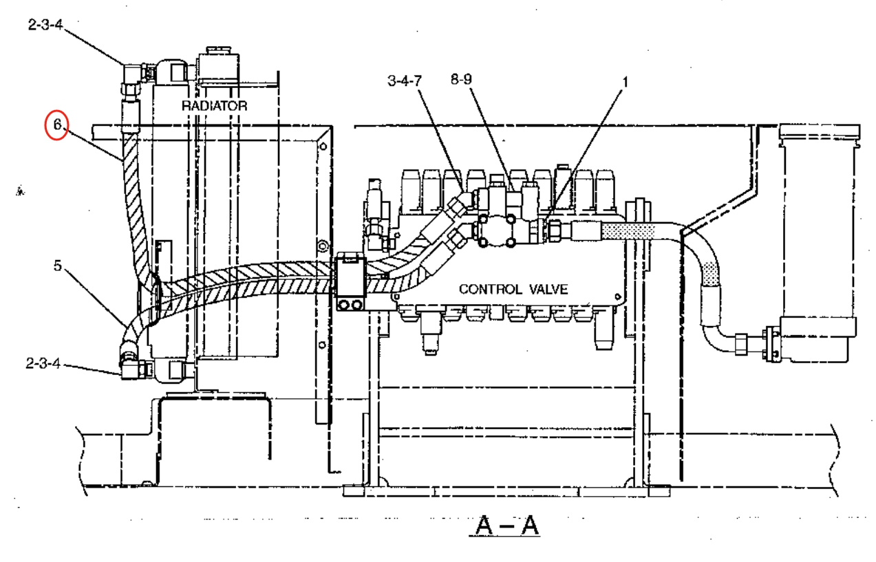 Caterpillar CAT®315B installation diagram showing hydraulic hose 142-1040 at Pipe No. 6