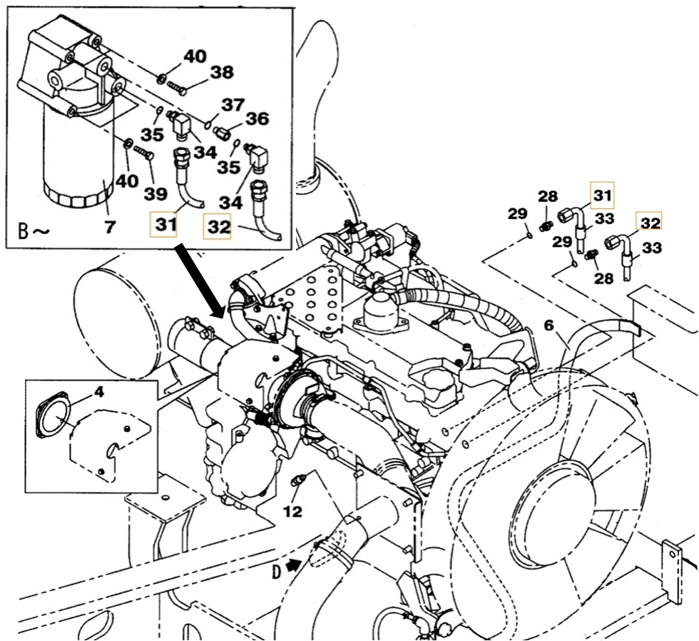 Case CX210B SL installation diagram showing hydraulic hose KRH10330 at Pipe No. 32