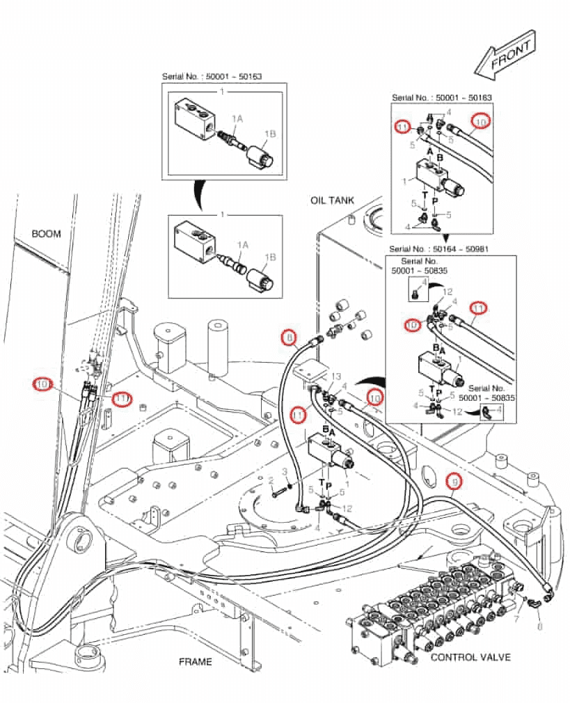Doosan DX80R installation diagram showing hydraulic hose DS2093583 at Pipe No. 9