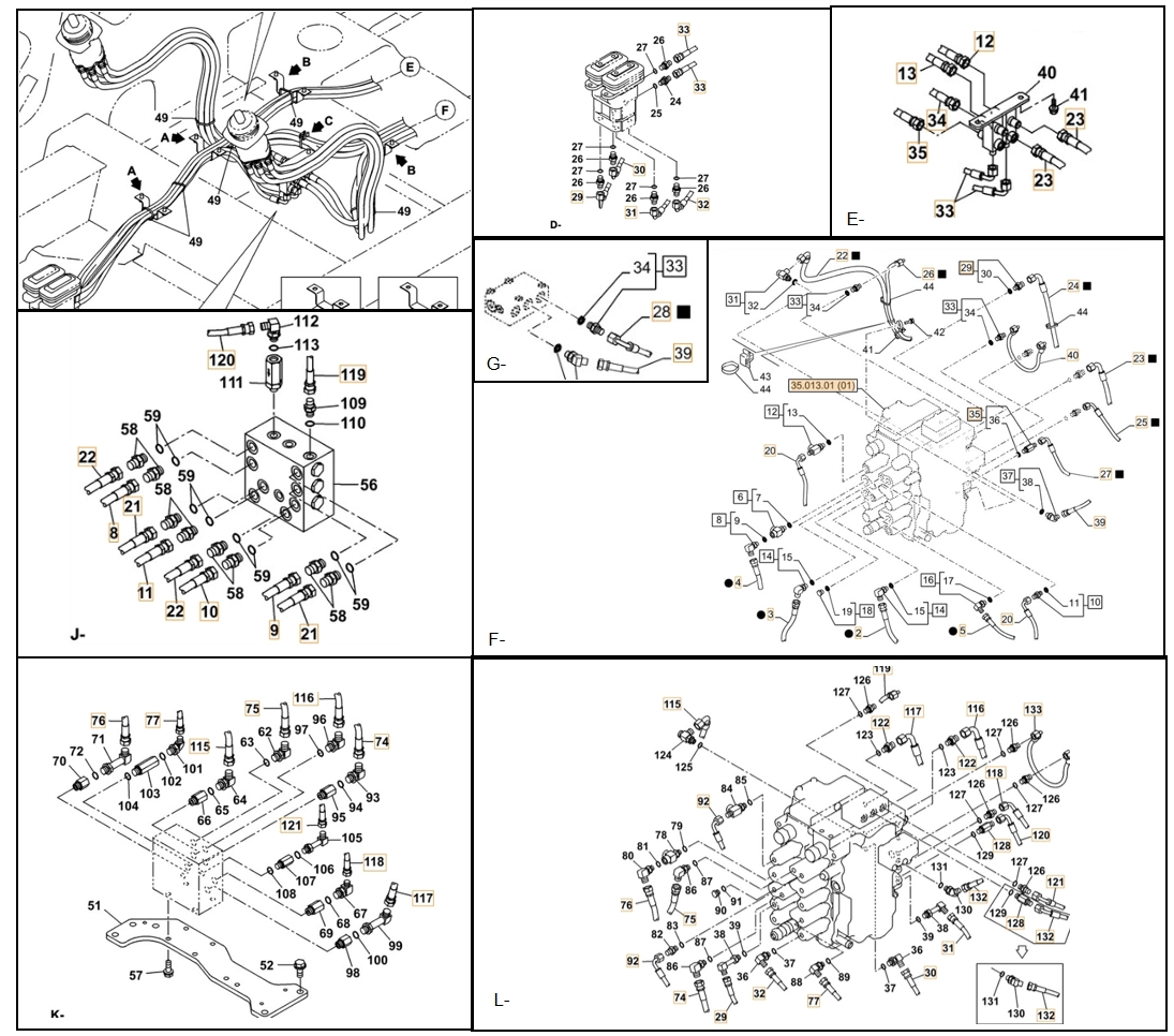 Case CX130C LC installation diagram showing hydraulic hose KHJ2310 at Pipe No. F5-K77-L77
