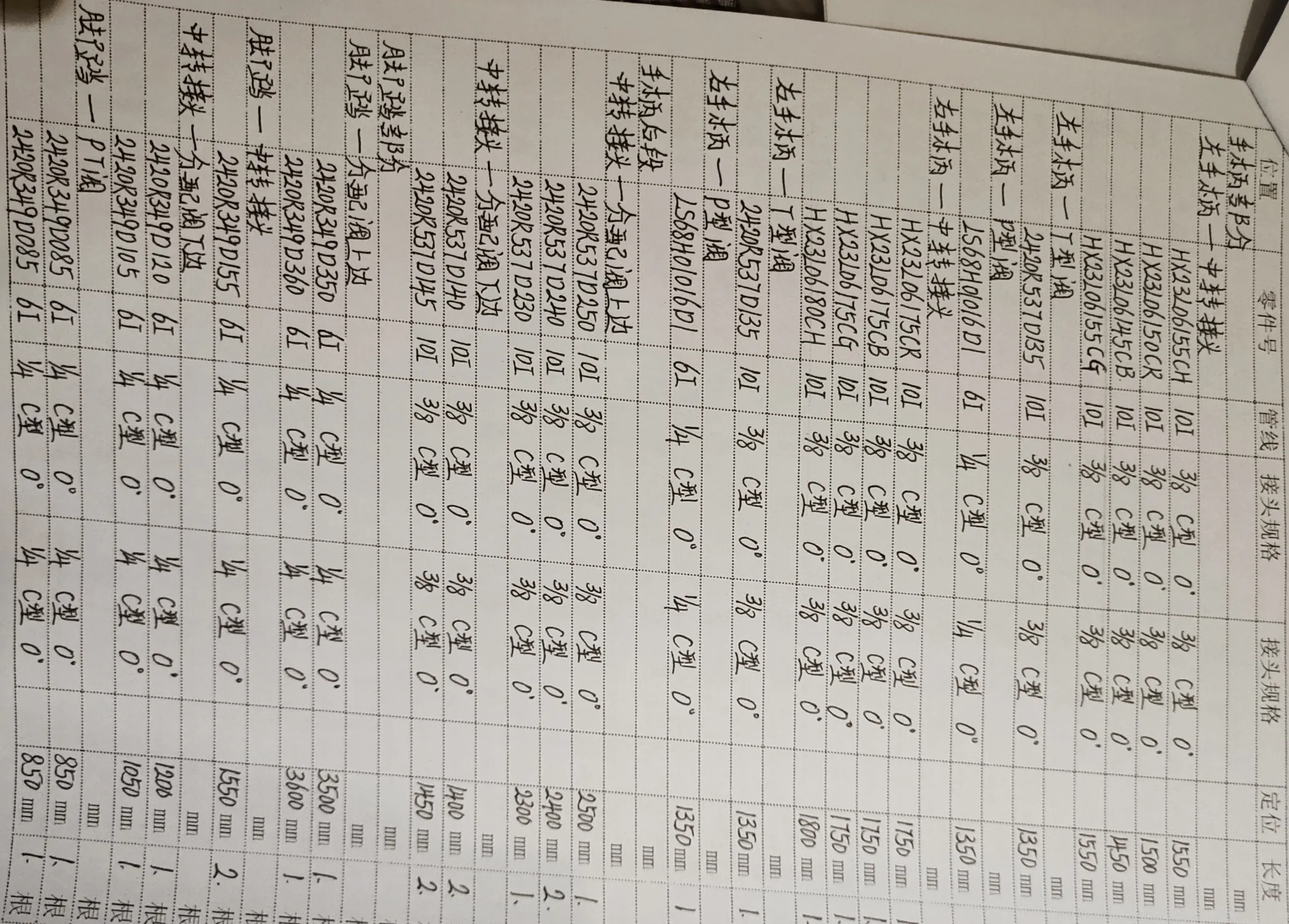 Kobelco SK270D-8 hydraulic hose part numbers and recorded lengths — technician notebook page 3 of 5