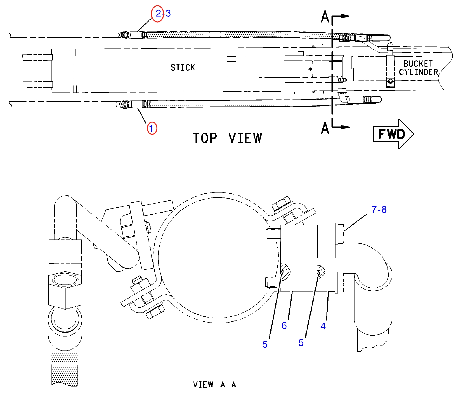 Caterpillar CAT®312B L installation diagram showing hydraulic hose 123-2729 at Pipe No. 2
