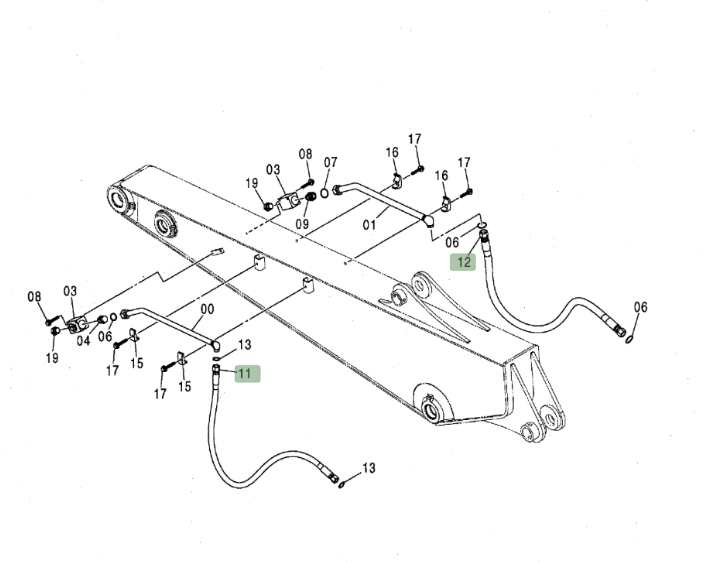 Hitachi ZX160LC installation diagram showing hydraulic hose 4452263 at Pipe No. 12